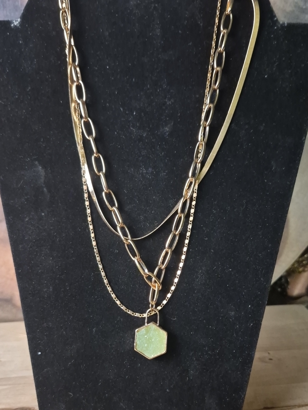 Gold Layered Necklace with Green Hexagon Pendant
